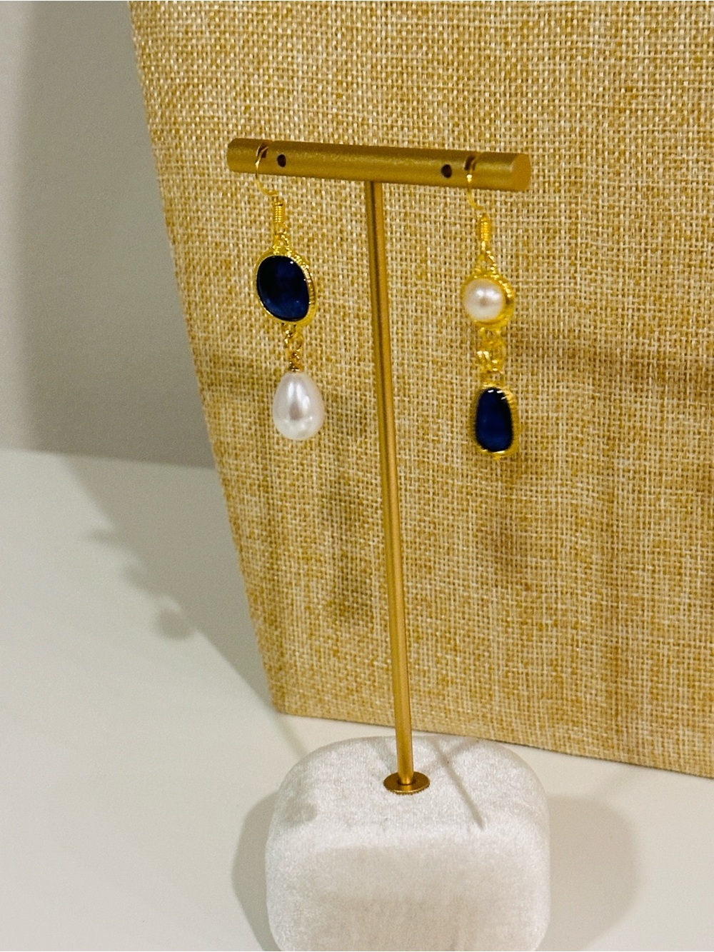 Fashion Jewelry Gold Drop Earrings with Navy Blue Stones and White Pearls